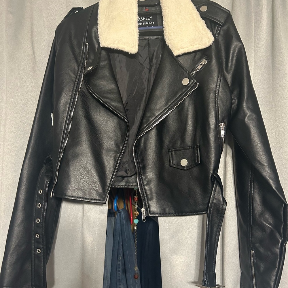 Ashley By 26 International Women's Black Leather Jacket with Cream Collar